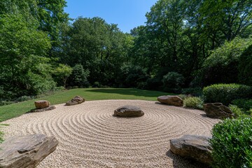 Zen garden with circular pattern in gravel and rocks