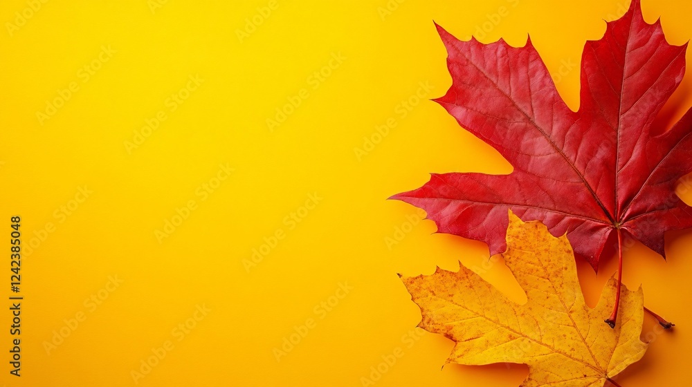 Aufkleber vibrant red and yellow maple leaves creating copy space on a yellow background