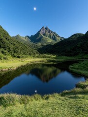Mountain lake reflecting the night sky and moon