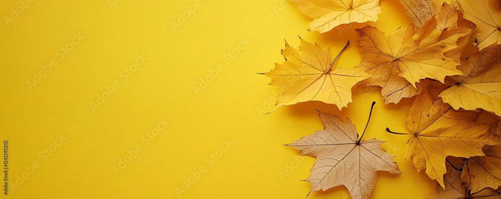 Aufkleber Dry maple leaves creating an autumnal background on yellow surface with copy space