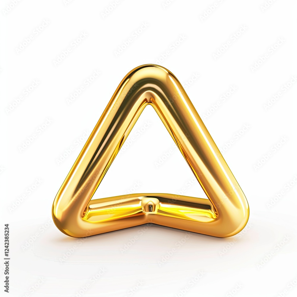 Poster a shiny golden triangular sculpture with a smooth, reflective surface. isolated on white background