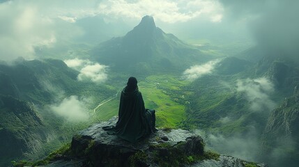 Cloaked figure meditating on cliff overlooking misty mountain valley
