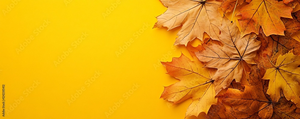 Poster autumnal background with maple leaves and yellow copy space