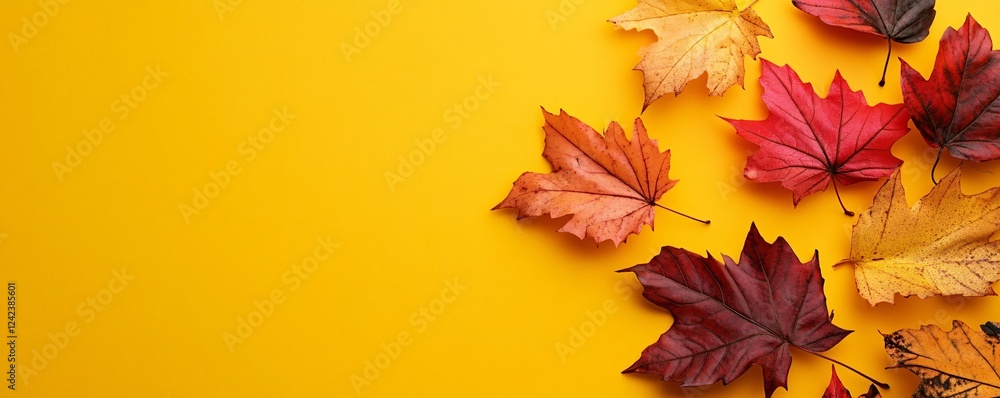 Poster colorful autumn maple leaves forming right border on yellow background with copy space