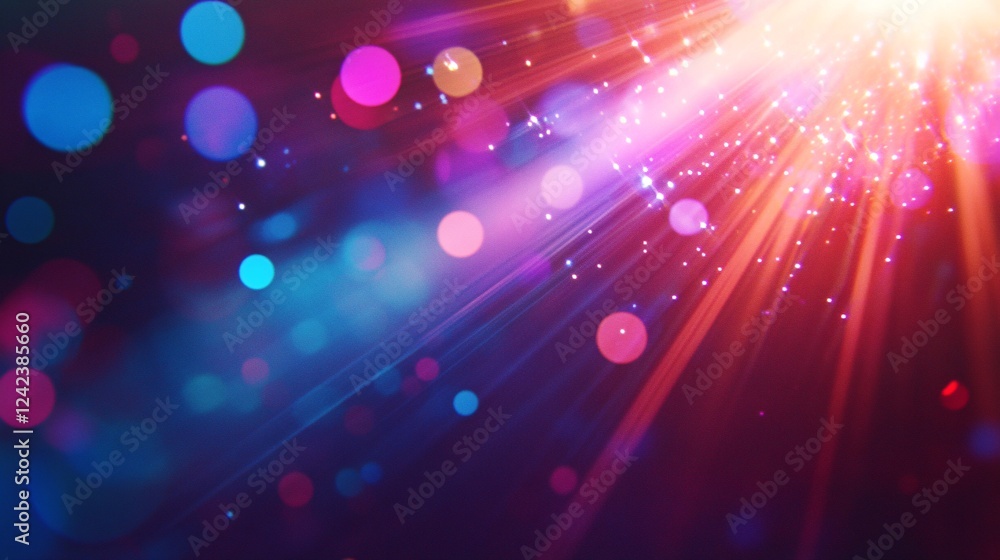 Poster Light beams shining through a colorful bokeh background
