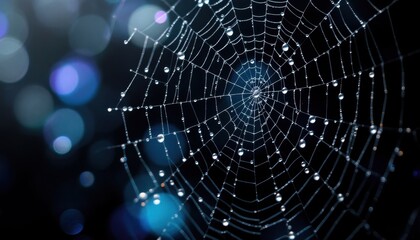 Close-up of dew-covered spider web with sparkling water droplets against dark background