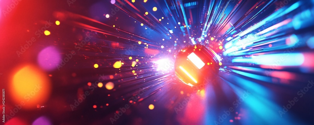 Poster abstract sphere emitting light streaks and particles over a dark background