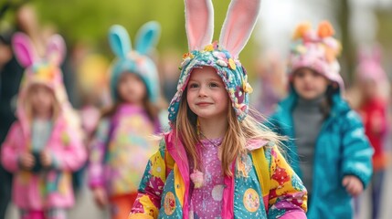 Fototapeta premium Children wearing fun and colorful bunny costumes and Easter-themed outfits take part in a lively Easter parade. Their baskets are filled with Easter eggs as they walk through the streets