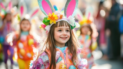 Fototapeta premium Children wearing fun and colorful bunny costumes and Easter-themed outfits take part in a lively Easter parade. Their baskets are filled with Easter eggs as they walk through the streets