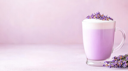 lavender latte in glass cup topped with dried lavender flowers