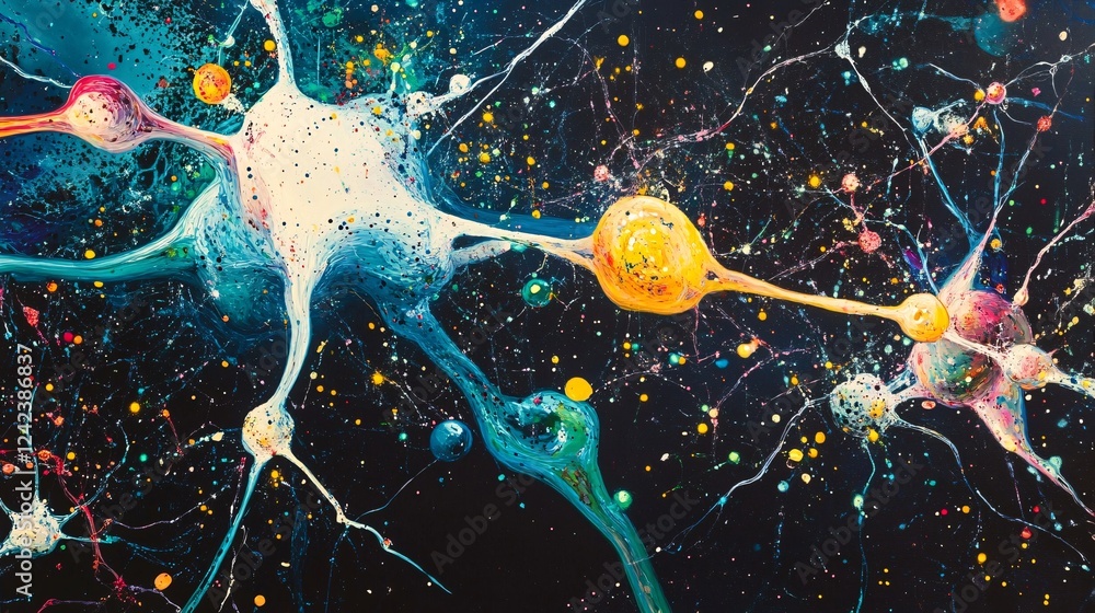 Poster vibrant paint mixes and splashes on a dark backdrop, forming captivating abstract shapes
