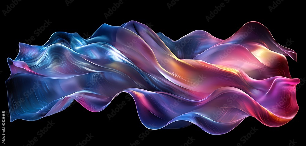 Poster an iridescent, flowing wave, with colors shifting and morphing like a holographic rainbow, continuou