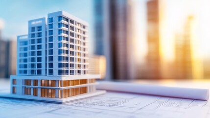 Architectural model of a modern building on blueprints with city skyline in the background at sunset