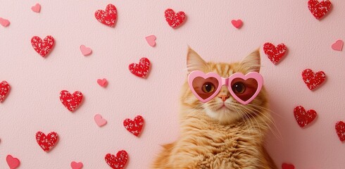 Adorable orange cat wearing pink heart-shaped sunglasses, surrounded by red and pink hearts on a pastel pink background. Perfect for Valentine's Day campaigns, pet-themed promotions