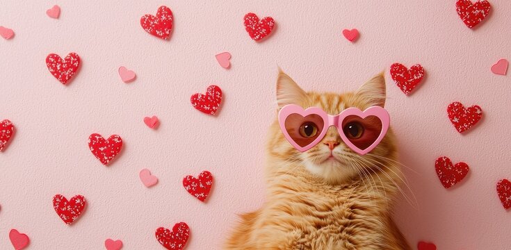 Adorable orange cat wearing pink heart-shaped sunglasses, surrounded by red and pink hearts on a pastel pink background. Perfect for Valentine's Day campaigns, pet-themed promotions
