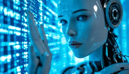 Advanced ai humanoid processing digital code projection on translucent blue holographic display within sleek technological server environment