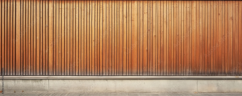 Poster sunlight illuminating a modern building facade with wooden slats and a concrete base