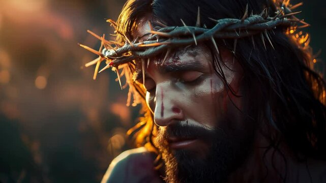 Close up video of sad suffering Jesus Christ, Savior of mankind.