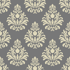 Vector seamless damask pattern with floral baroque elements. Repetitive ornament design for wallpapers, fabric, textile, upholstery, curtains, slipcover, blinds, packaging, bedding