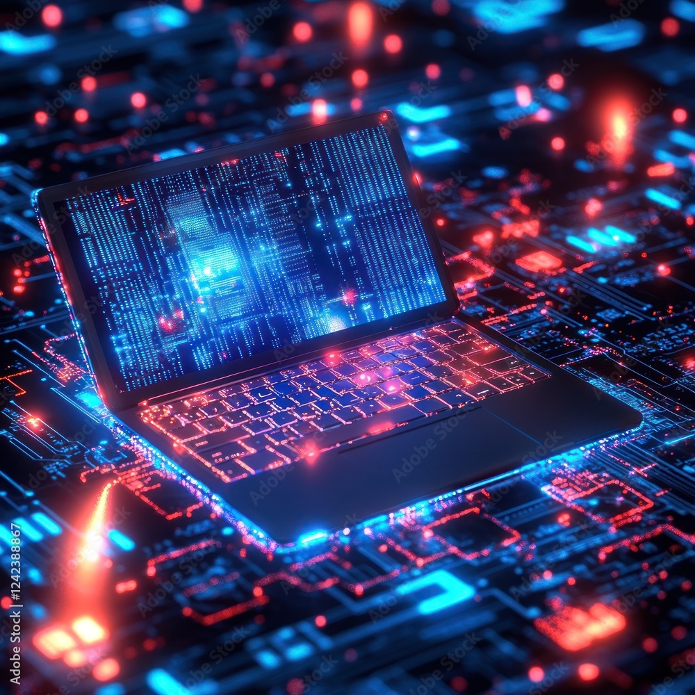 Poster glowing laptop on circuit board for tech concepts, background with illuminated patterns