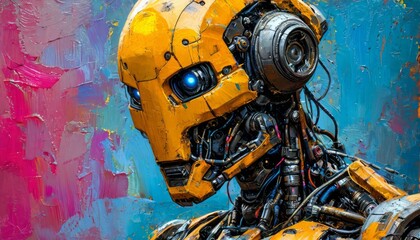 Futuristic robotic figure breaking through vivid artistic canvas, metallic body gleaming with electric blue eyes and dynamic color interaction