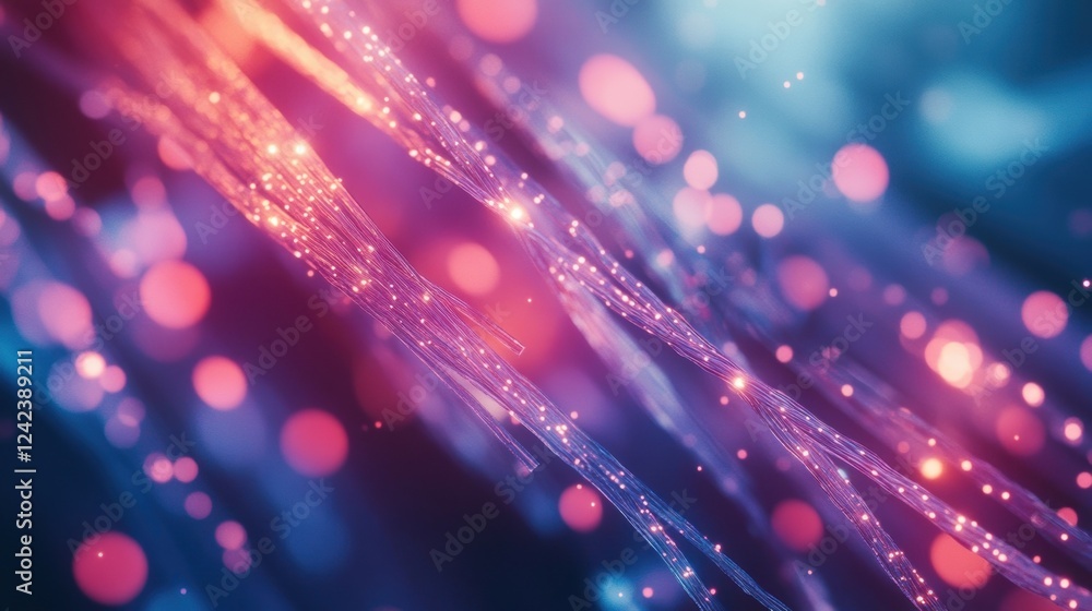 Poster fiber optic strands transmit data in a vibrant, futuristic setting, enhanced by a colorful bokeh eff