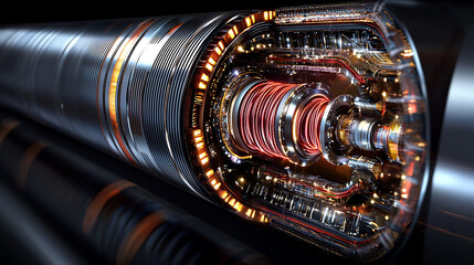 Obraz premium detailed cross section view of futuristic fiber optic cable showcasing intricate wiring and glowing components, emphasizing advanced technology