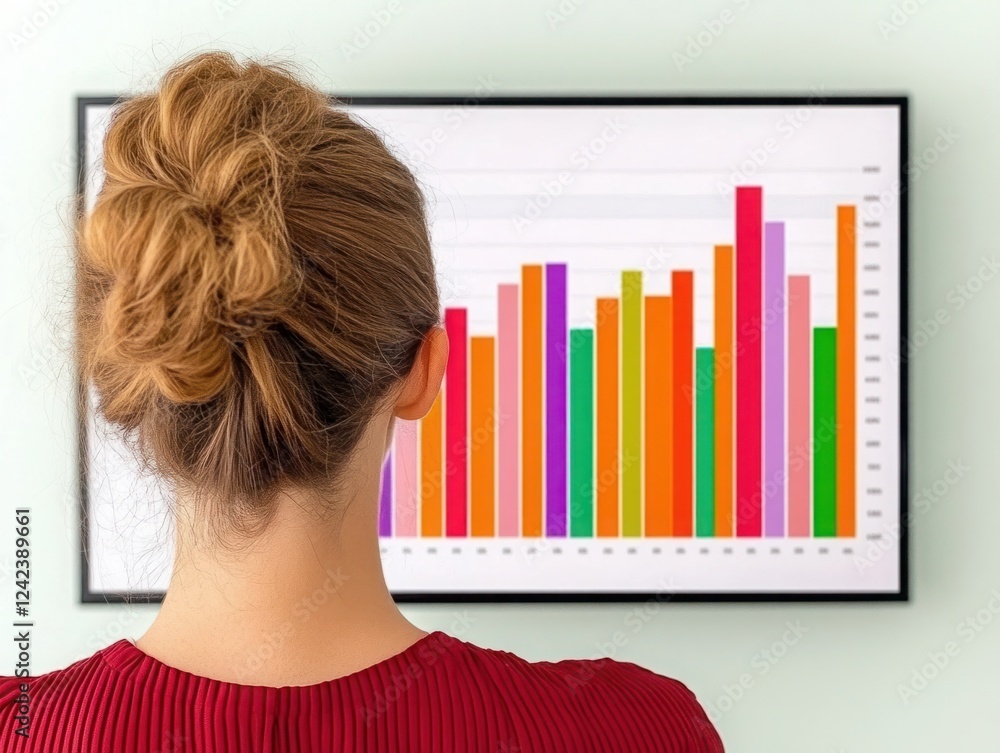 Poster woman observing colorful bar graphs on screen, analyzing data trends and statistics in modern office