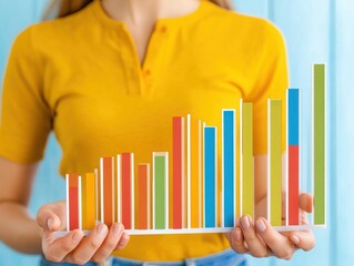 Woman in Yellow Shirt Holding Colorful Bar Graph Displaying Growth and Progress Against a Light Blue Background