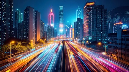 Fototapeta premium An abstract cityscape with neon skyscrapers and glowing light trails under a dark sky