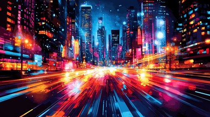 Obraz premium An abstract cityscape with neon skyscrapers and glowing light trails under a dark sky