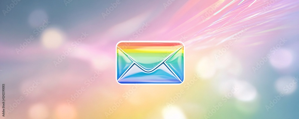 Poster abstract background with a floating rainbow-colored envelope hints at lgbtq communication