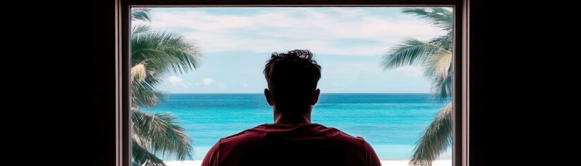 Man Gazing at Tropical Ocean View Through Window Surrounded by Palm Trees, Evoking Feelings of Calmness and Serenity in a Coastal Environment
