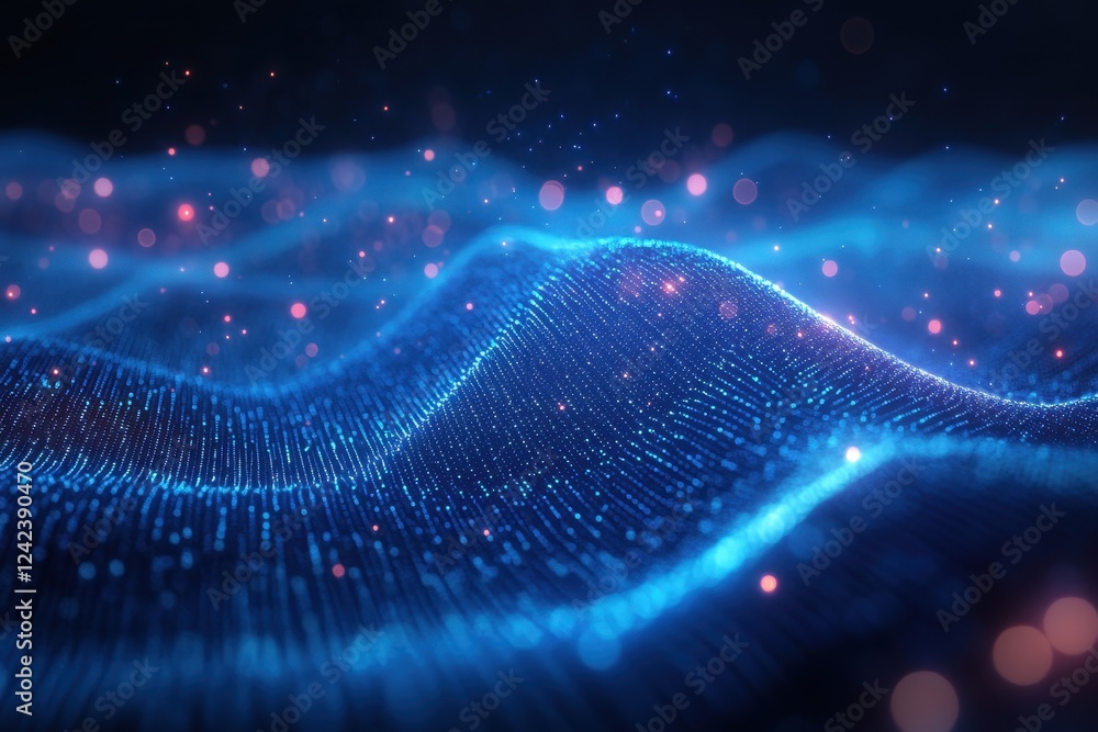 Poster abstract blue wave with glowing particles. ideal for tech, ai, or data visualization projects.