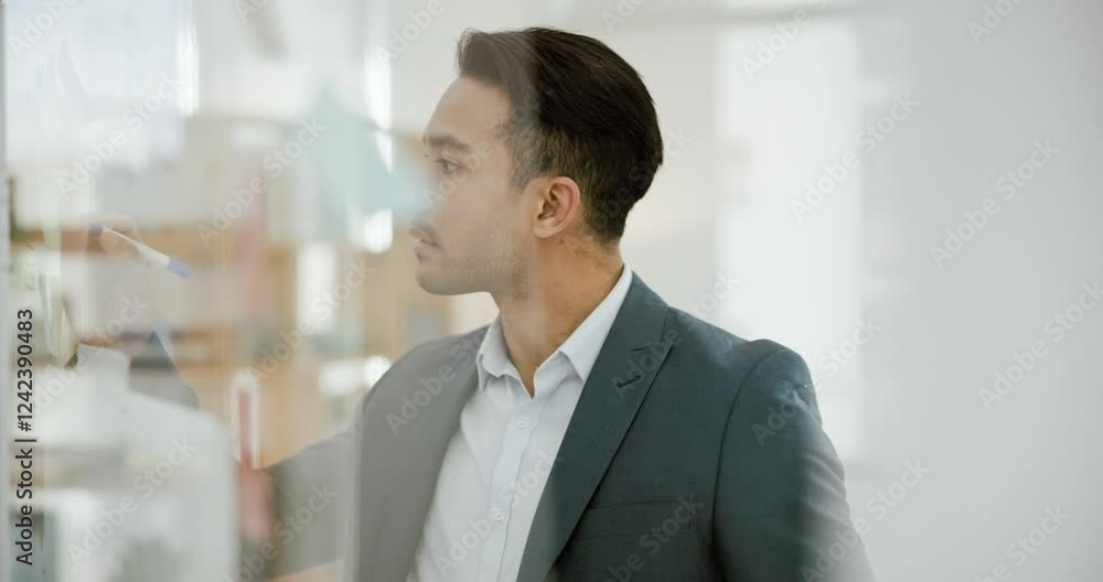 Aufkleber thinking, strategy and glass with a business man in his office for problem solving or brainstorming.