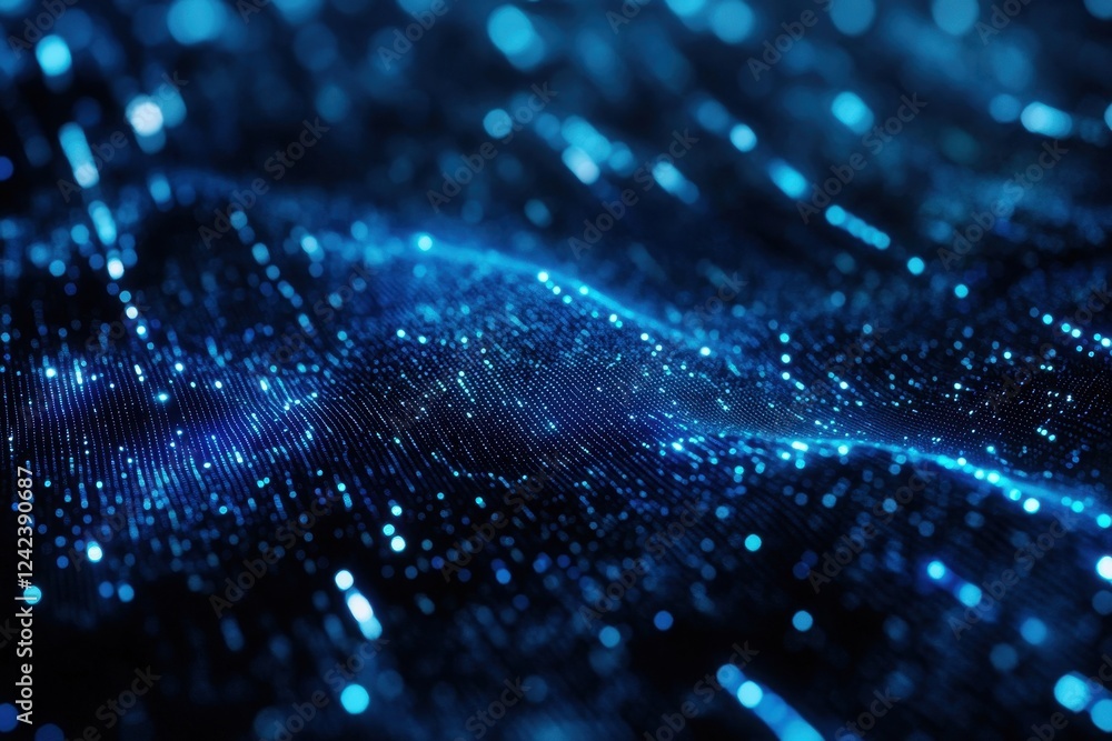 Poster abstract blue particle wave, glowing lines create a dynamic flow. ideal for tech, ai, data, or digit