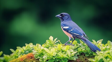 Vibrant blue bird perched on lush green foliage with a blurred natural background