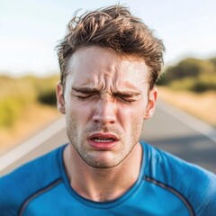 Fototapeta premium Young man experiencing discomfort and frustration while running on an empty road, showcasing determination and the challenges of physical activity