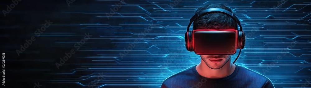 Poster man immersed in virtual reality, exploring digital worlds with a headset