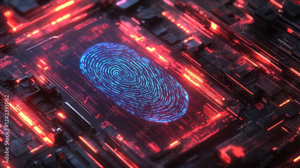 Poster futuristic fingerprint scan on a glowing red circuit board.