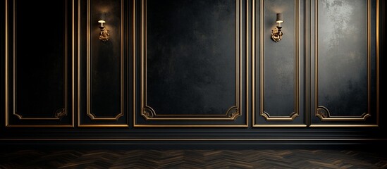 Elegant interior of a luxurious room featuring dark walls with gold accents and stylish lighting
