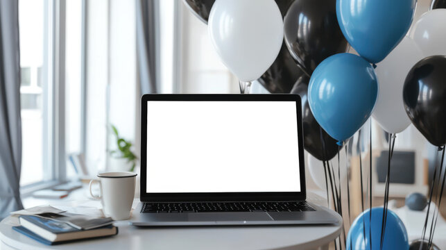 A mockup of a stylish modern laptop in a room with a candle of blue, black and white balloons. There is a laptop with a white screen, books and a cup of coffee on the table