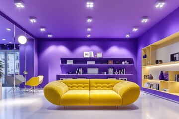 modern minimalist interior in violet trendy color, 3D design, 3D design, high sharpness, high resolution, ceiling, spot light, yellow sofa, other furniture elements, ultra detail