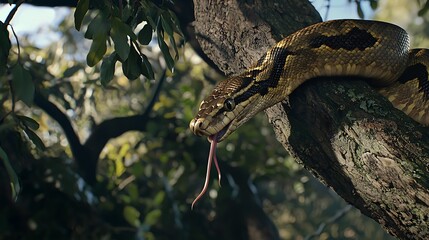 A large snake is hanging from a tree branch