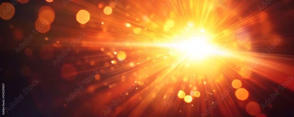 Poster radiant golden light bursts from a luminous center against a dark backdrop with bokeh