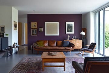 Living room, Ilse Crawford style, front view, simple wall purple