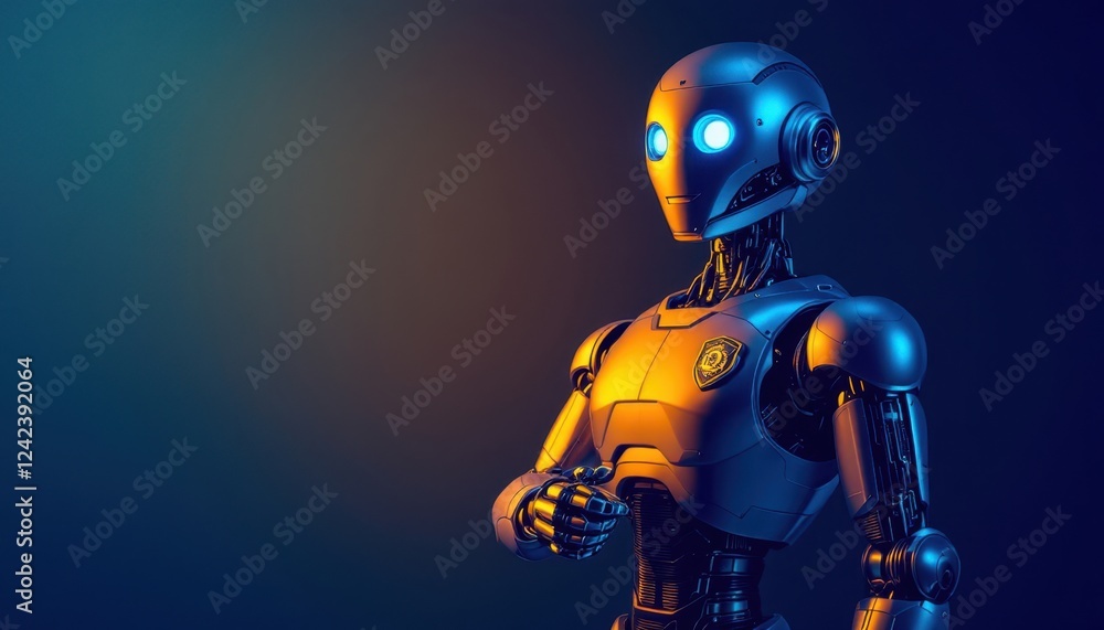 Poster futuristic android robot in a dark environment with glowing eyes