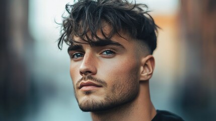 Obraz premium Close-up portrait of a young man with styled hair and stubble. Perfect for fashion, beauty, or men's grooming websites.