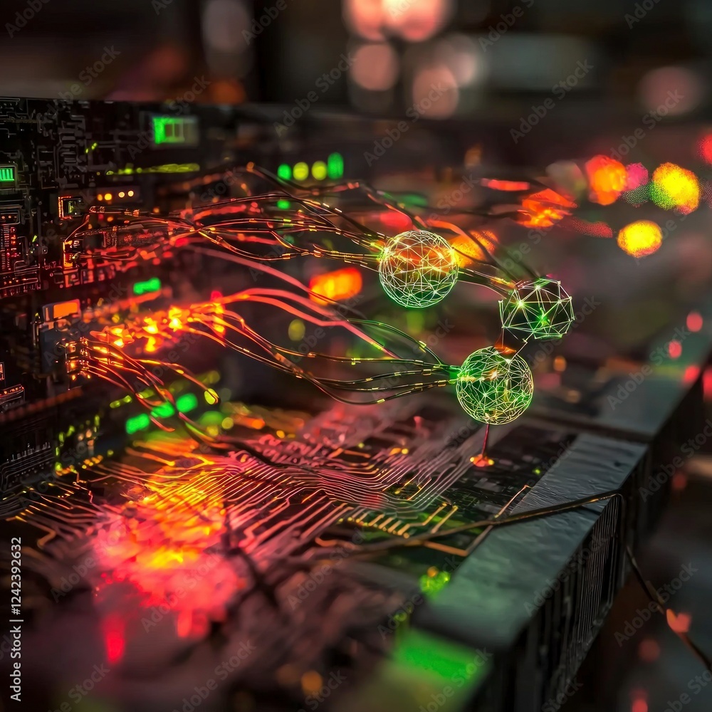 Aufkleber futuristic tech quantum computing network ai global intelligence illuminated fiber opt