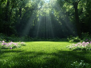 Obraz premium Enchanted Woodland Clearing with Sunlight and Vibrant Nature